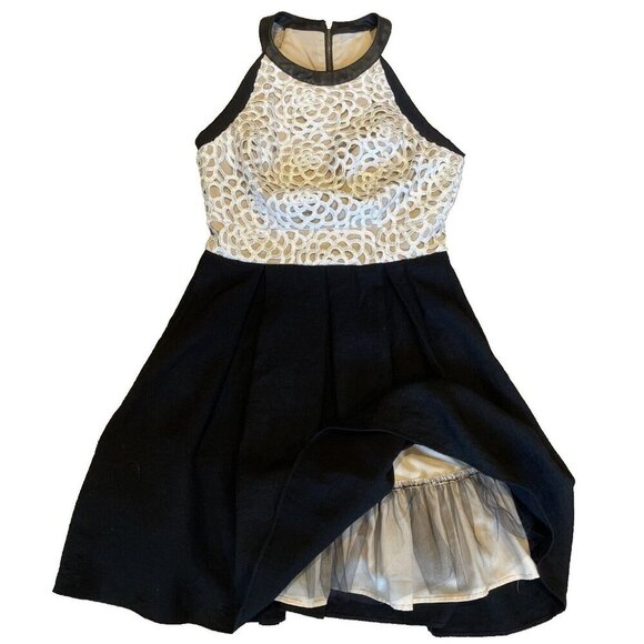 ABS Allen Schwartz Halter Dress Size 6 Ivory Lace Black Skirt Rockabilly Pin Up - Picture 1 of 15